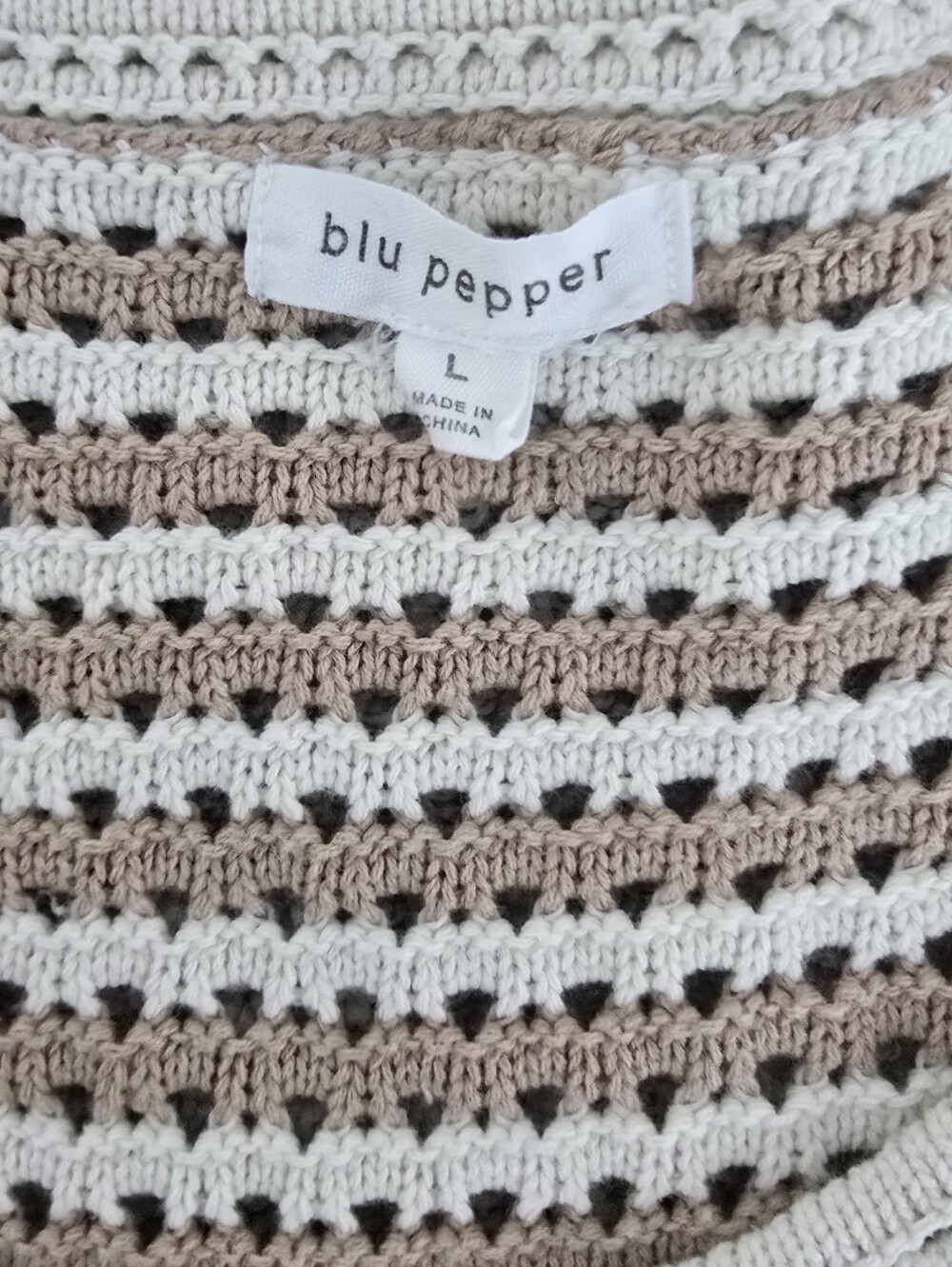 🎰NWOT Blu Pepper Cream & Tan Striped Crochet Tank Top 100% Cotton - Picture 2 of 8